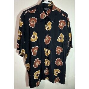 Riscatto Men Large Black w/ Leaves Made in Italy Rayon Short Sleeve Shirt